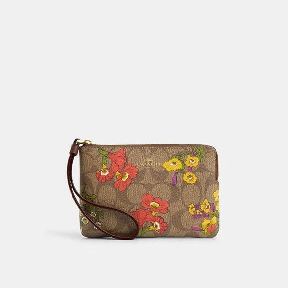 Coach Corner Zip Wristlet In Signature Canvas With Floral Print Nwt in pkg - Picture 1 of 8